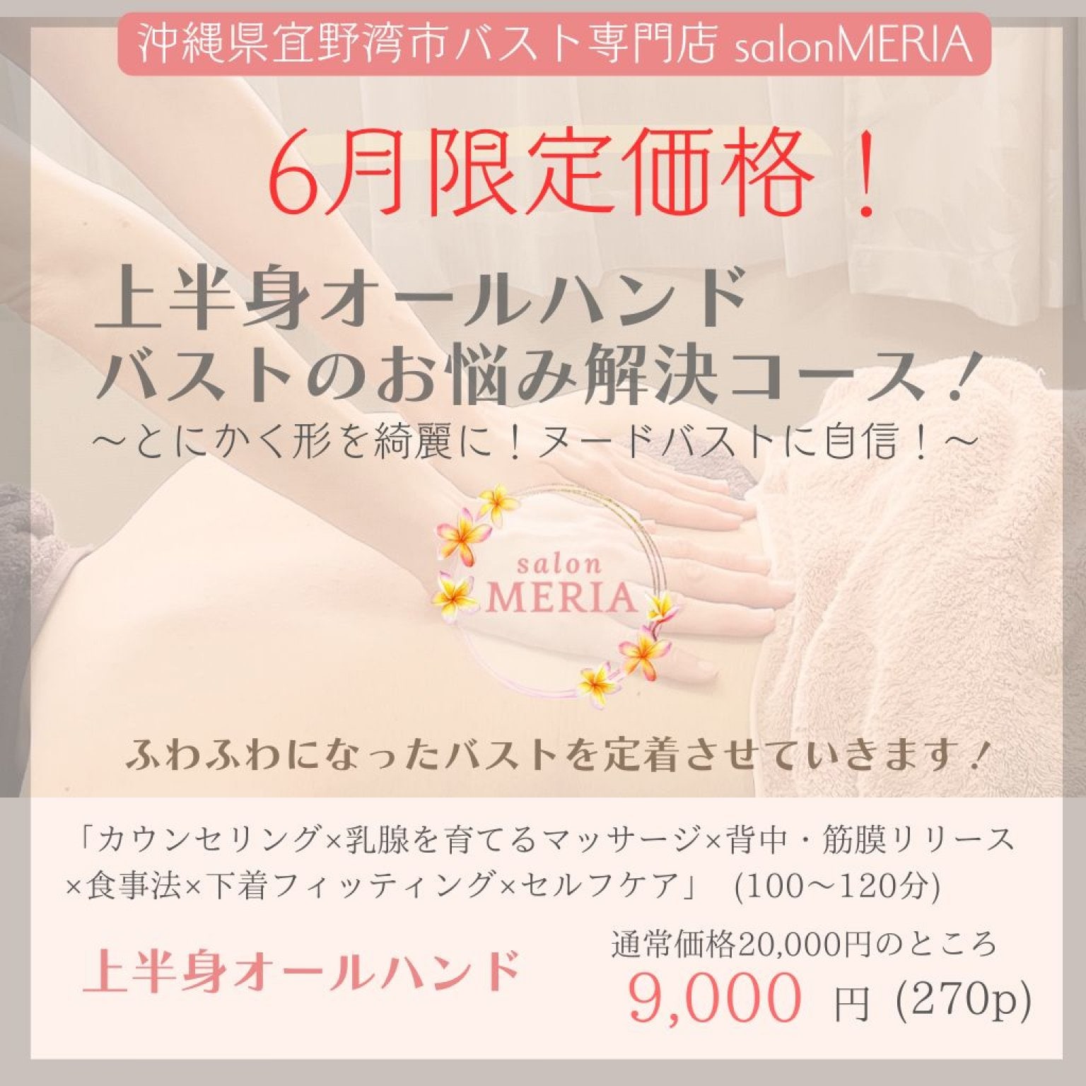 【6月限定！上半身コース】バストケア上半身オールハンドバストのお悩み解決コース(100〜120分)「カウンセリング×乳腺を育てるマッサージ×背中・筋膜リリース×食事法×下着フィッティング×セルフケア」沖縄県宜野湾市バストケア専門SalonMERIA(サロンメリア)