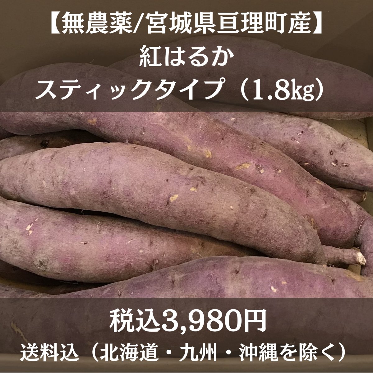 【無農薬／スティック専用栽培】紅はるか（土付き）／スティックタイプ（1.8㎏）宮城県亘理町産　熟成サツマイモ／送料込（北海道・九州・沖縄を除く）※太くなく食べやすいサイズです