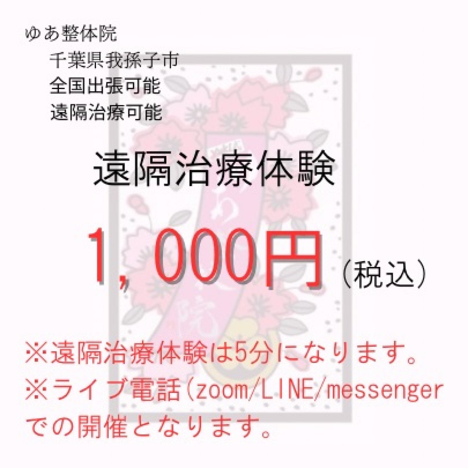 院長遠隔治療　5分　1,000円　ゆあ整体院